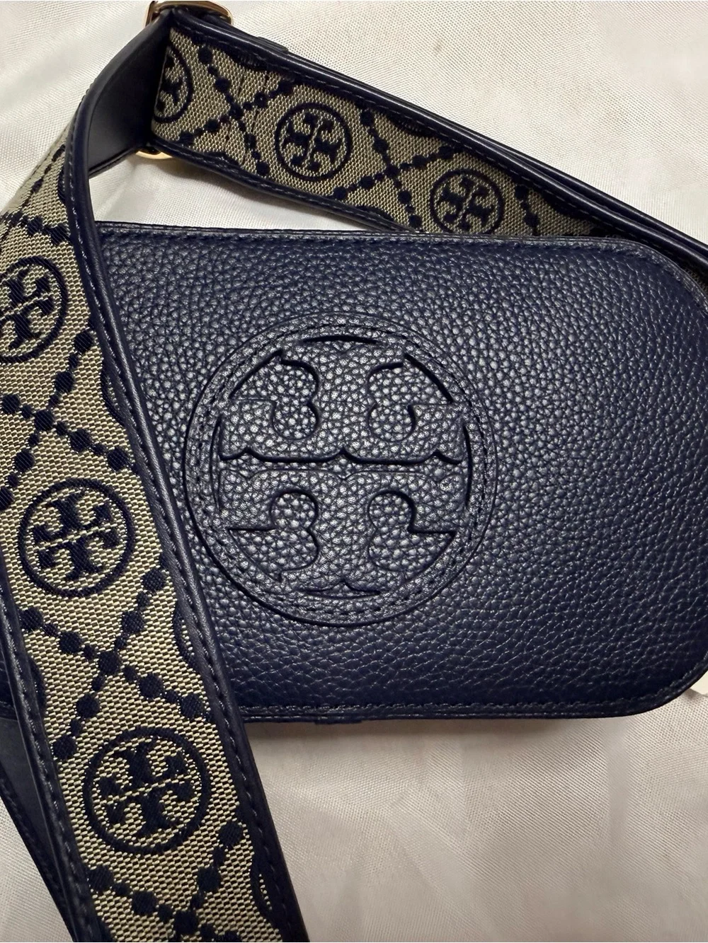 Tory Burch Navy Leather Camera Crossbody with Patterned Logo Strap